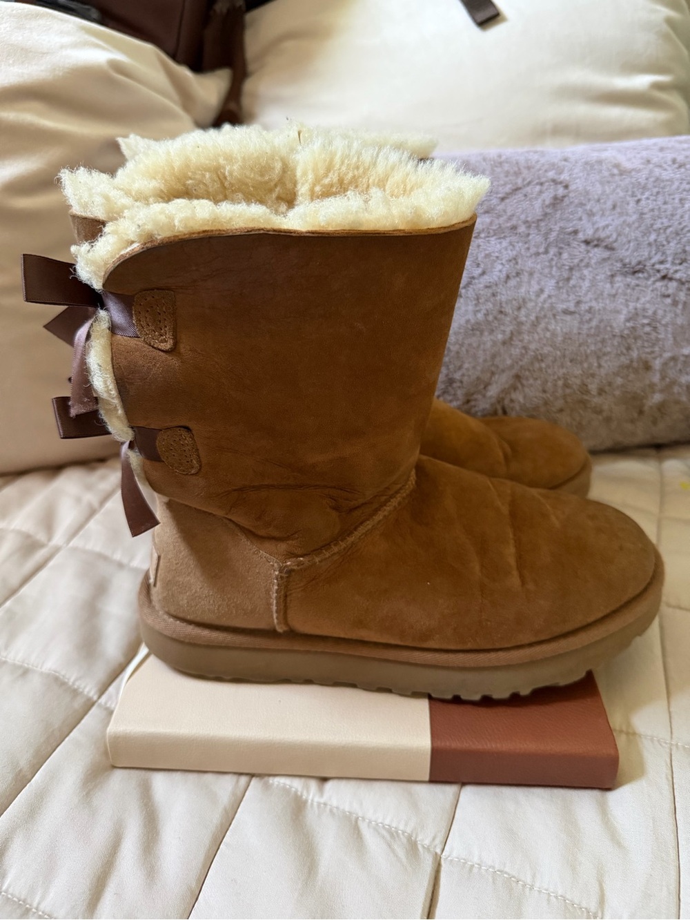UGG Chestnut Suede Shearling-Lined Women's Bow Back Boots